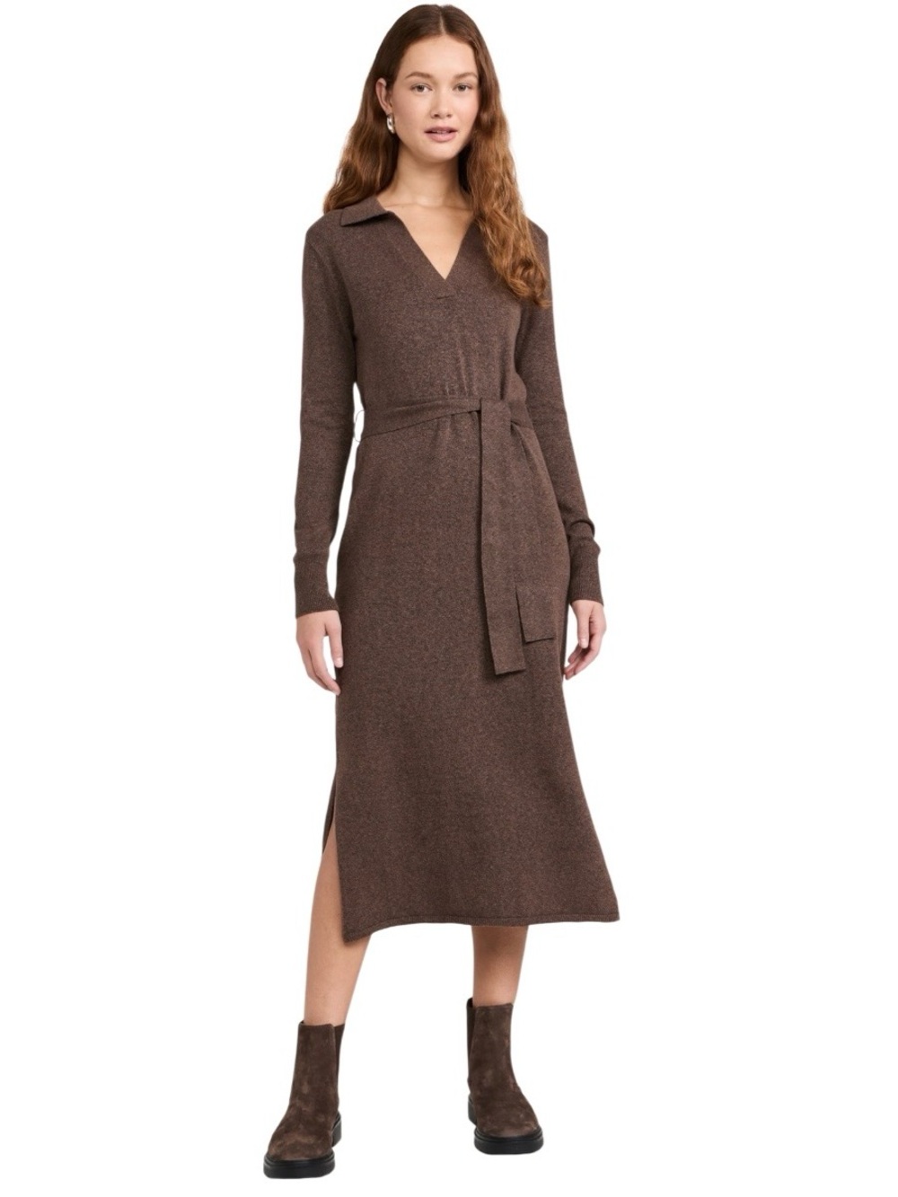 FAHERTY Women's Jackson Brown Knit Sweater Midi Dress Side Slits V-Neck